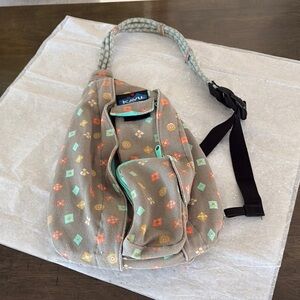 KAVU Rope Sling Bag Crossbody Backpack Gray w turquoise orange design